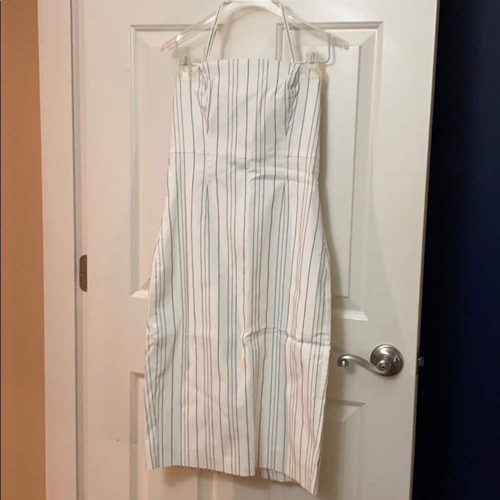 White & black pinstripe strapless/ halter dress